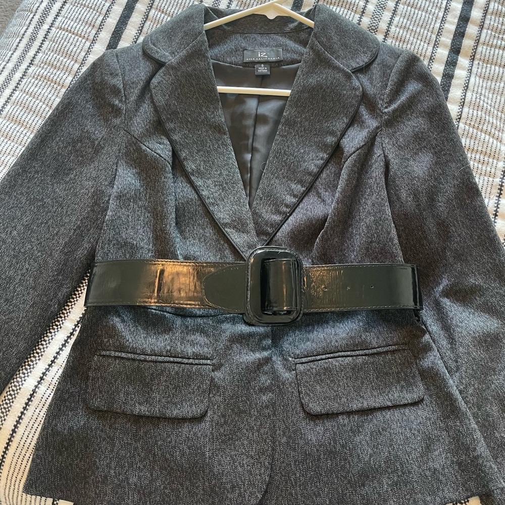 Charcoal gray blazer with black belt
